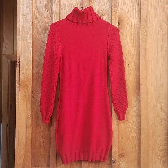 Cable Knit Turtleneck Long Sleeve Knee Length Sweater Dress, Medium, Holiday Red - Picture 2 of 8